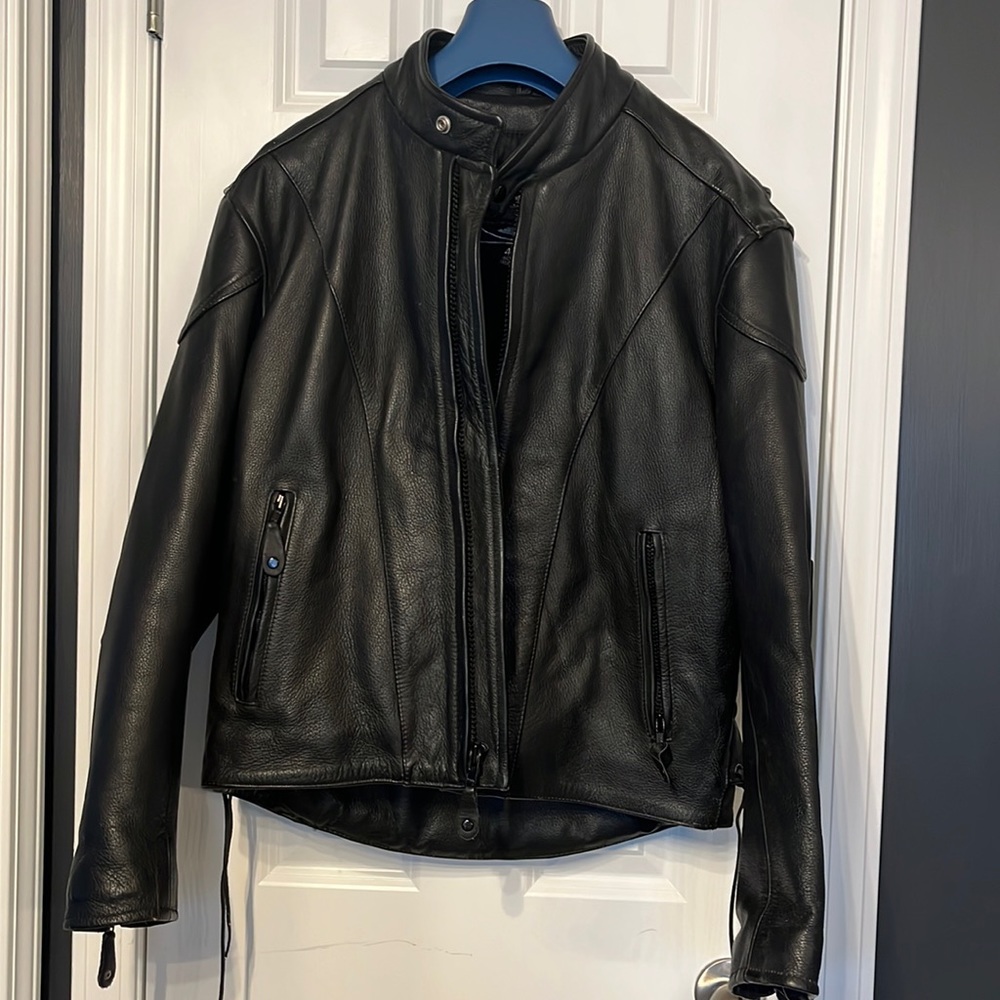 Black leather motorcycle jacket